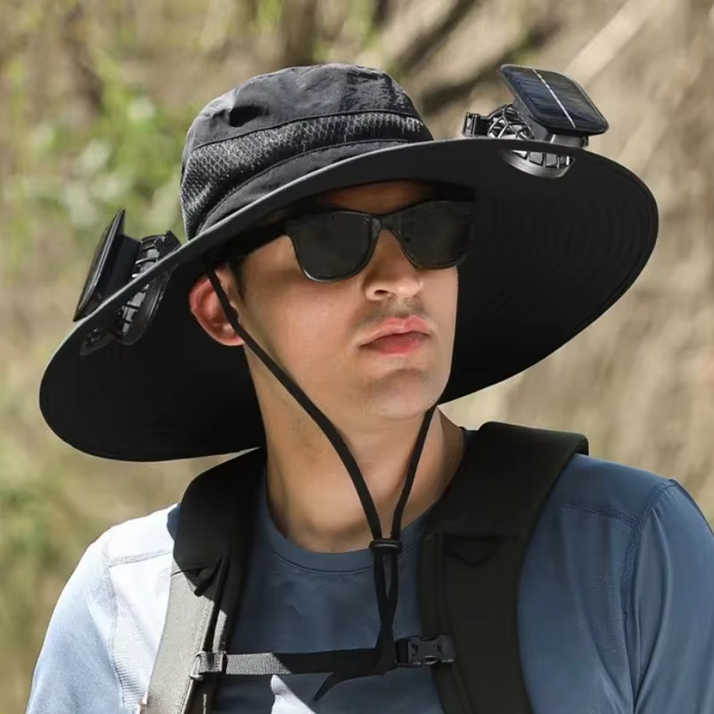 Dual Fan Wide Brim Hat with Solar Charging