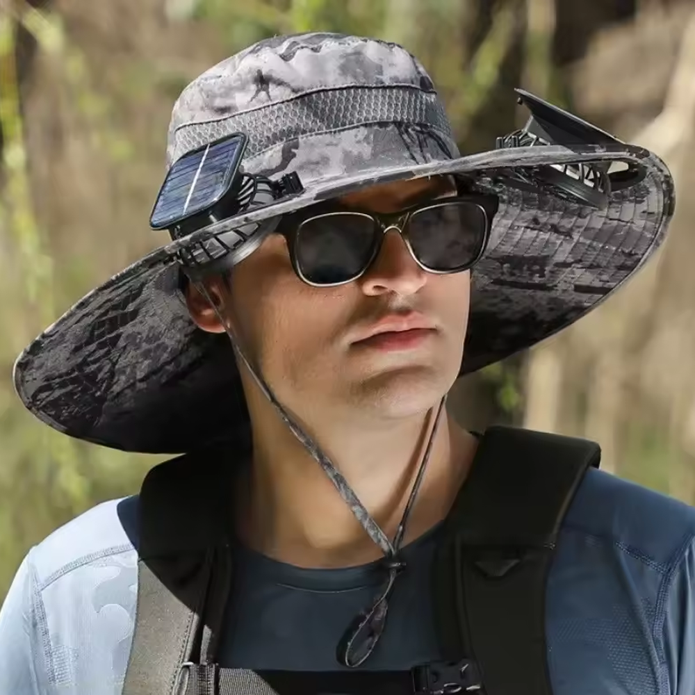 Dual Fan Wide Brim Hat with Solar Charging