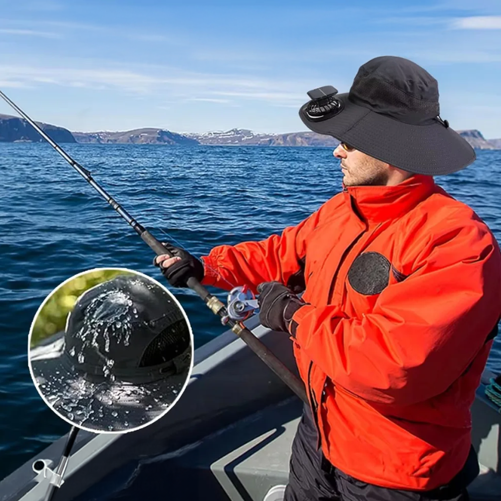 Dual Fan Wide Brim Hat with Solar Charging