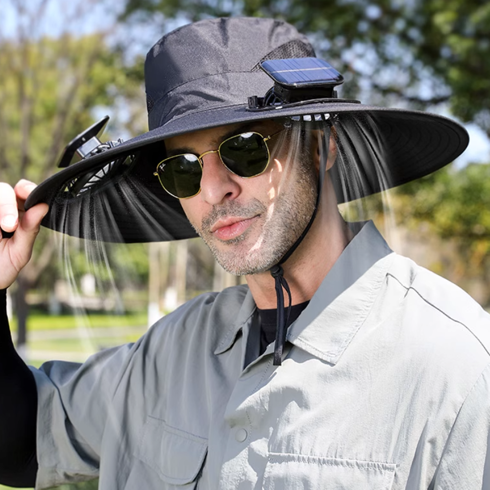 Dual Fan Wide Brim Hat with Solar Charging