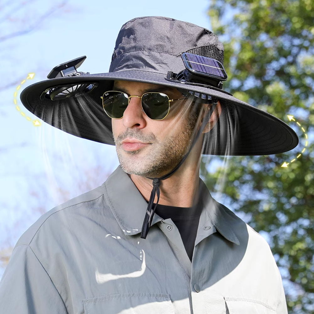 Dual Fan Wide Brim Hat with Solar Charging