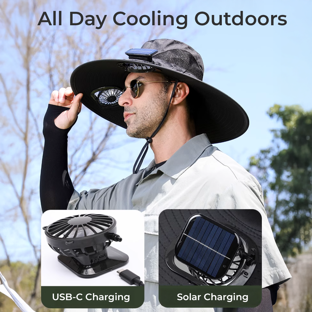 Dual Fan Wide Brim Hat with Solar Charging